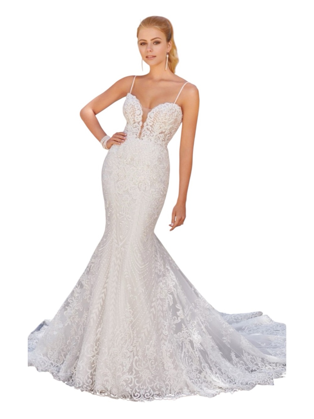 White Lace Mermaid Wedding Dress with Spaghetti Straps
